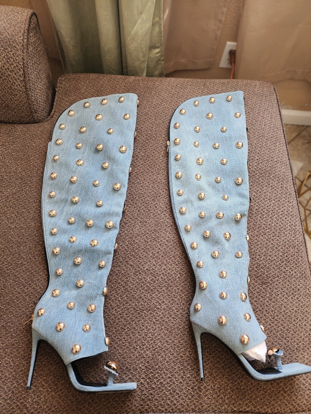 IYKYK I Am Jennifer Le Big Gold Studded Over-the-Knee Denim Stiletto Boot - Picture 4 of 10